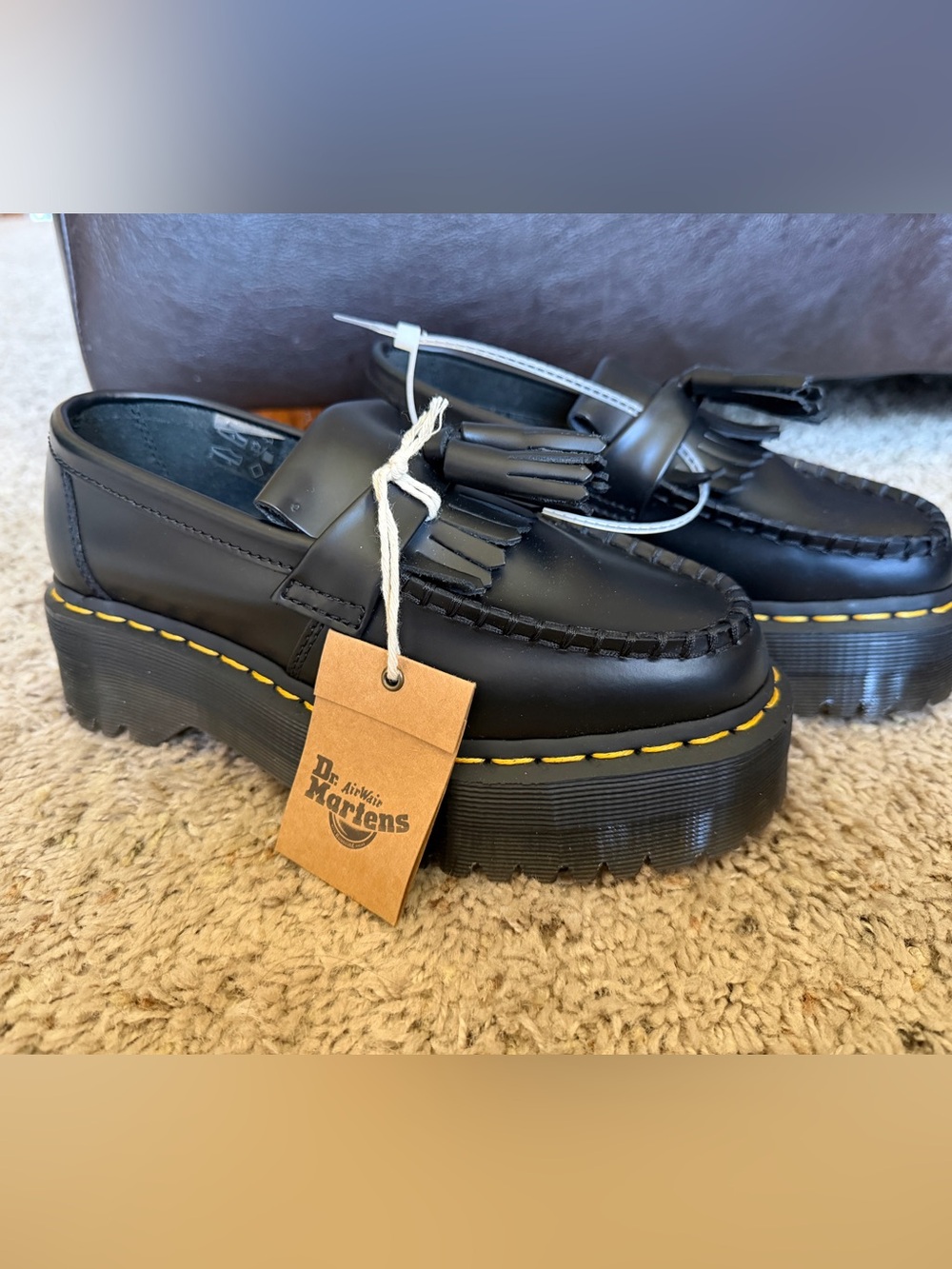 Dr. Martens Black Tassel Platform Loafers with Yellow Stitching